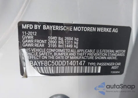 2013 BMW 750Li xDrive из США, поврежденный, VIN WBAYF8C50DD140147